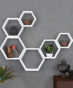 Lenakel Sizkon Engineered Wood Hexagon Shape Wall Shelf for Living Room & Bed Room - Set of 6 (White)