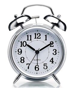 Sendrose Alarm Clock Brass Vintage Twin Bell Table Top Alarm Clock with Night Led Light Display Alarm Clock for Bedroom Heavy Sleepers Kids and Students (Silver)