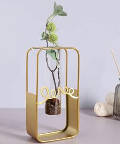 Bonhomie Gold Solid Rectangular Metal Glass Test Tube Flower Vase for Home Decor | Center Table Decorative Item for Living Room, Dining Table, Office, Bedroom | Pack of 1 (Without Flower)