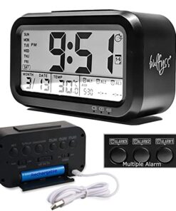 Bulfyss USB Rechargeable Digital Alarm Clock, Date, Temperature, Backlight LCD Display Smart Clock with 3 Alarms Bedroom Table Desk (Black)