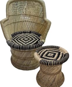 VANSHIKA Craft ! Natural Bamboo Mudda Weaving Black and Beige Flower Chair Set ! Chair with Wave Design Mudda