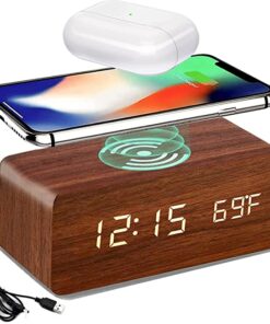 Bluebell Wooden Digital Smart Alarm Clock with Wireless Charging, 3 Alarms, LED Display, Temperature, Sound Control and Snooze, Digital Table Clock for Home, Office, Desk, Students(Brown)