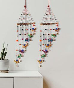 PALPAL Art Gallery Home Decoration Items Paper mache Elephant Wind Chimes/Safe Combo Set of 2 Home Decoration for Hall balcony Wall/Door/Window Hanging Bells (101 cm Multicolour)