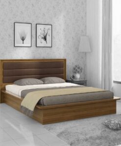Kosmo Cooper Queen Size Upholstered Bed With Box Storage in Natural Teak Finish