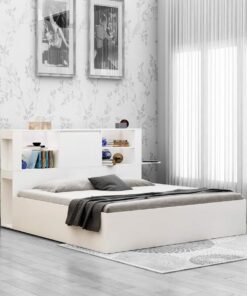 Magnus Queen Size Bed with Box Storage & Charger in Mist White Color