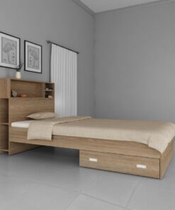 Soltera Single Bed With Headboard Storage & Drawer in Oak Finish